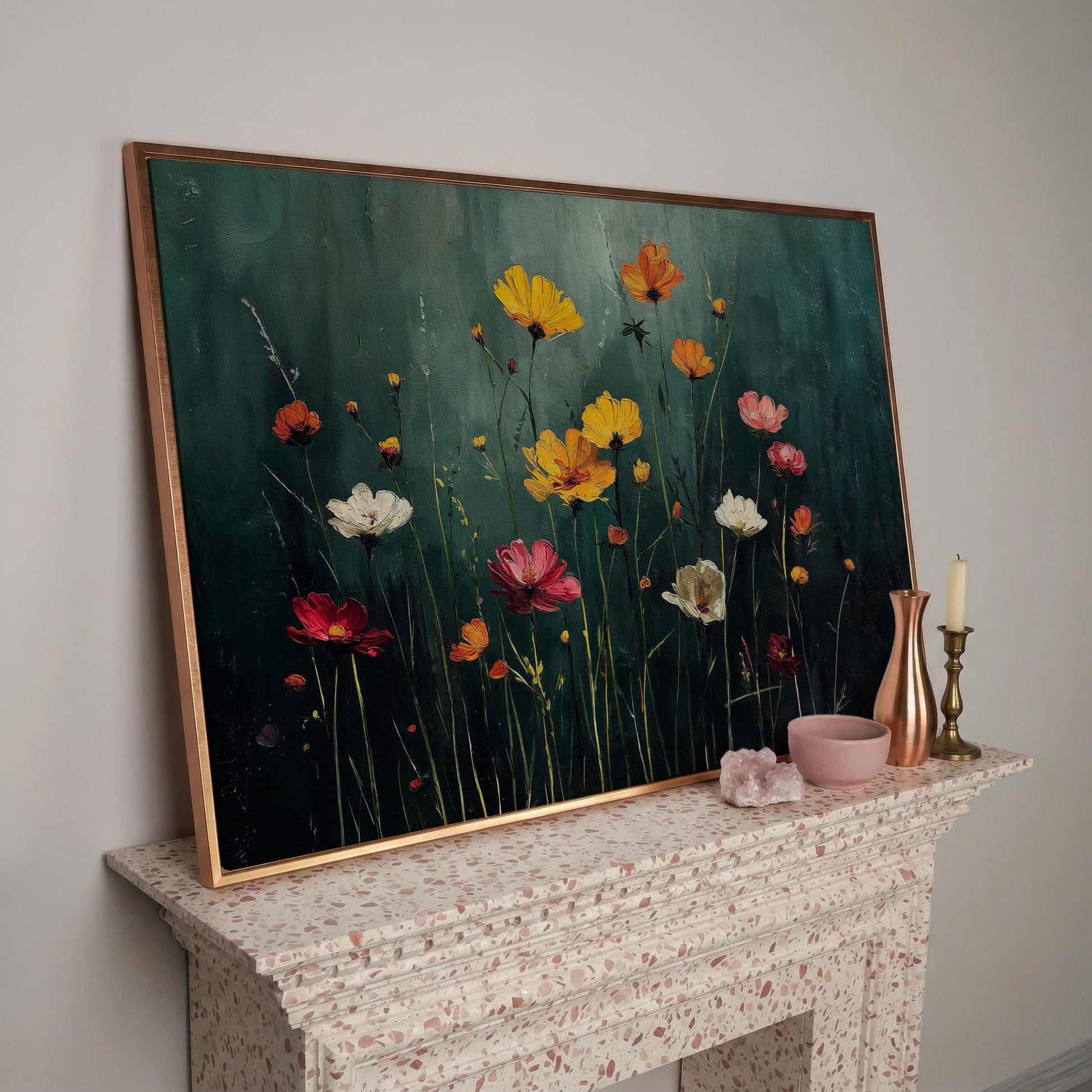 Cosmos Wildflower Field Canvas Wall Art, Floral Botanical Print in rose gold floating frame