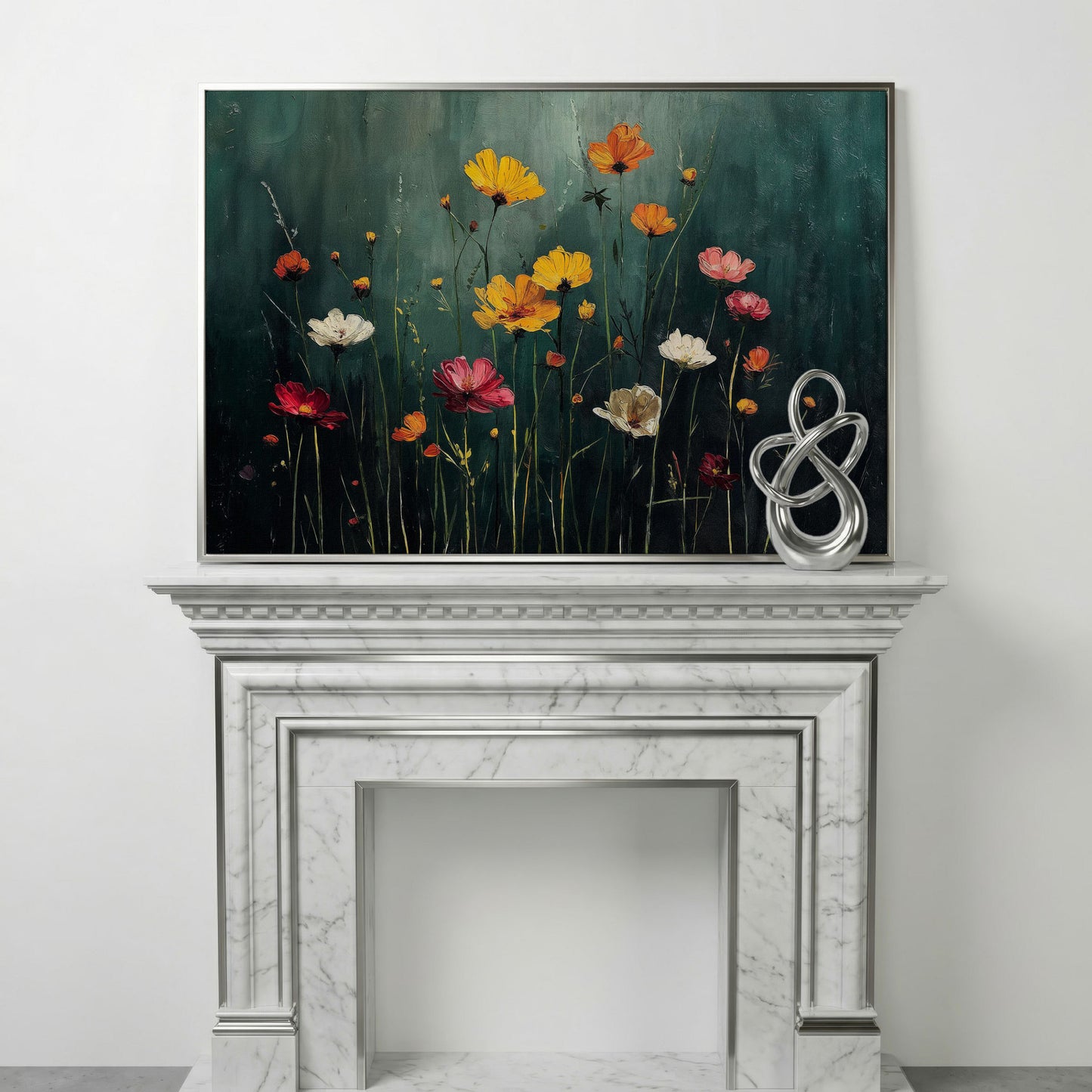 Cosmos Wildflower Field Canvas Wall Art, Floral Botanical Print in silver floating frame