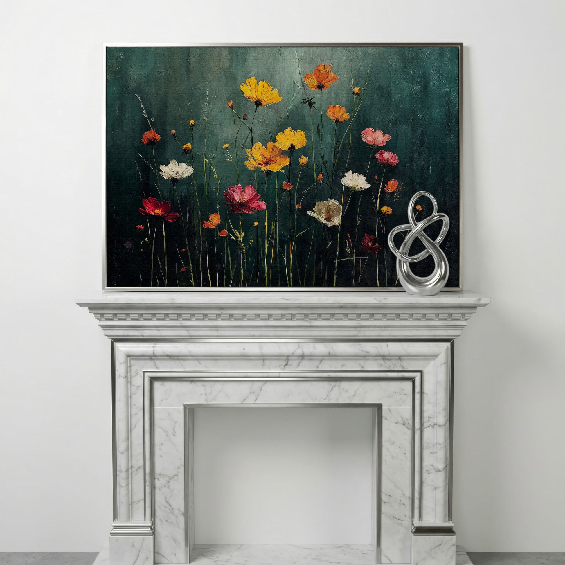 Cosmos Wildflower Field Canvas Wall Art, Floral Botanical Print in silver floating frame