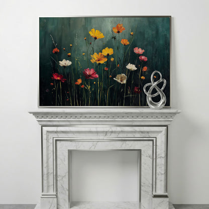 Cosmos Wildflower Field Canvas Wall Art, Floral Botanical Print in silver floating frame