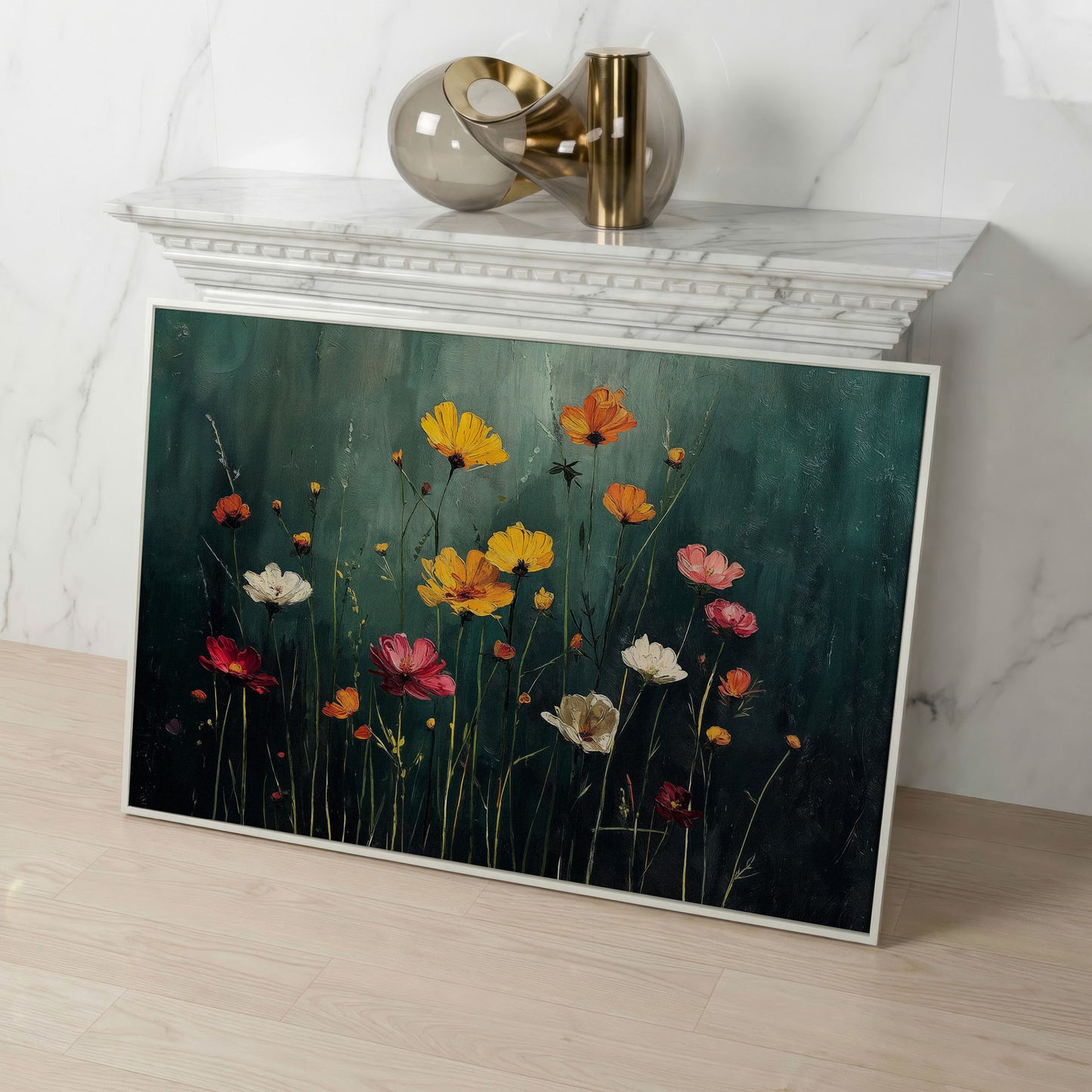 Cosmos Wildflower Field Canvas Wall Art, Floral Botanical Print in white floating frame