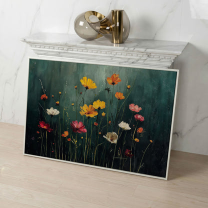 Cosmos Wildflower Field Canvas Wall Art, Floral Botanical Print in white floating frame