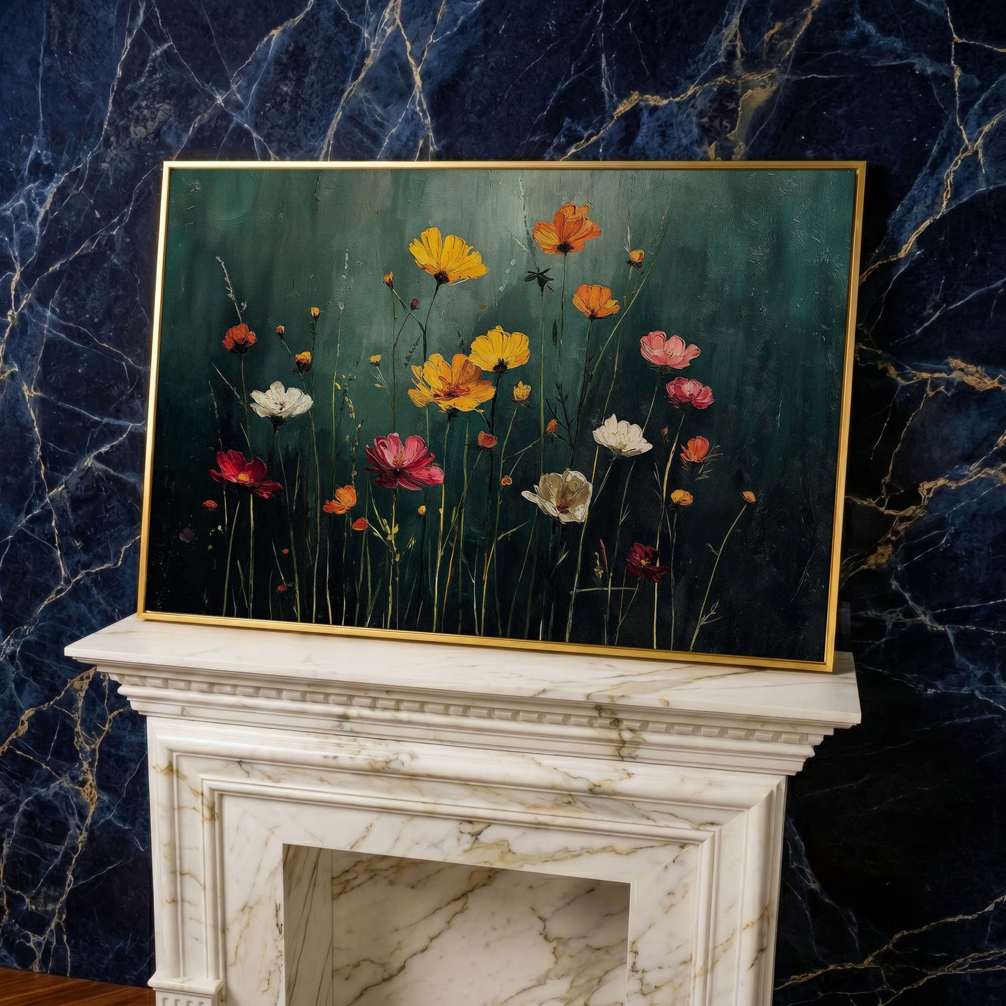 Cosmos Wildflower Field Canvas Wall Art, Floral Botanical Print in yellow gold floating frame