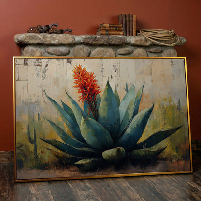 Agave Desert Canvas Art, Orange Flower Spike Landscape in antique gold floating frame