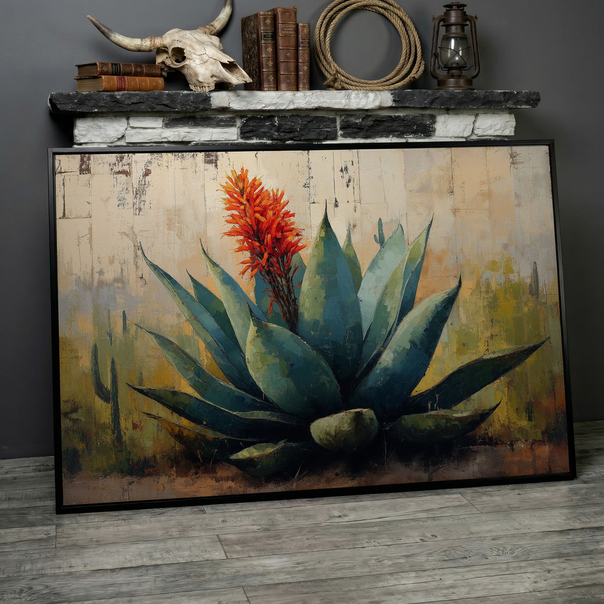 Agave Desert Canvas Art, Orange Flower Spike Landscape in black floating frame