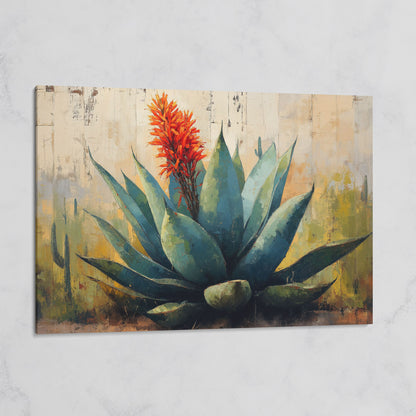 Agave Desert Canvas Art, Orange Flower Spike Landscape on gallery wrap