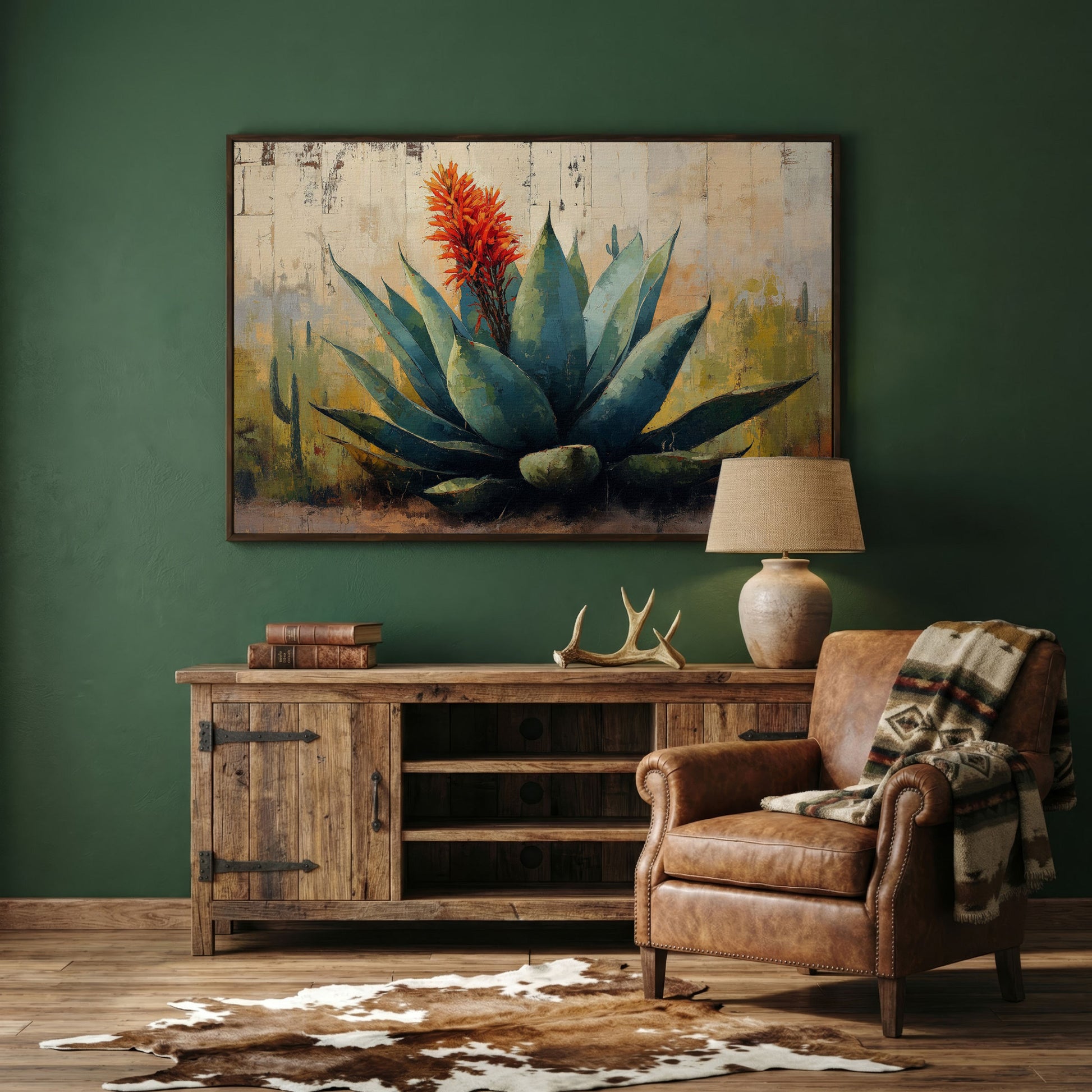 Agave Desert Canvas Art, Orange Flower Spike Landscape in dark walnut floating frame