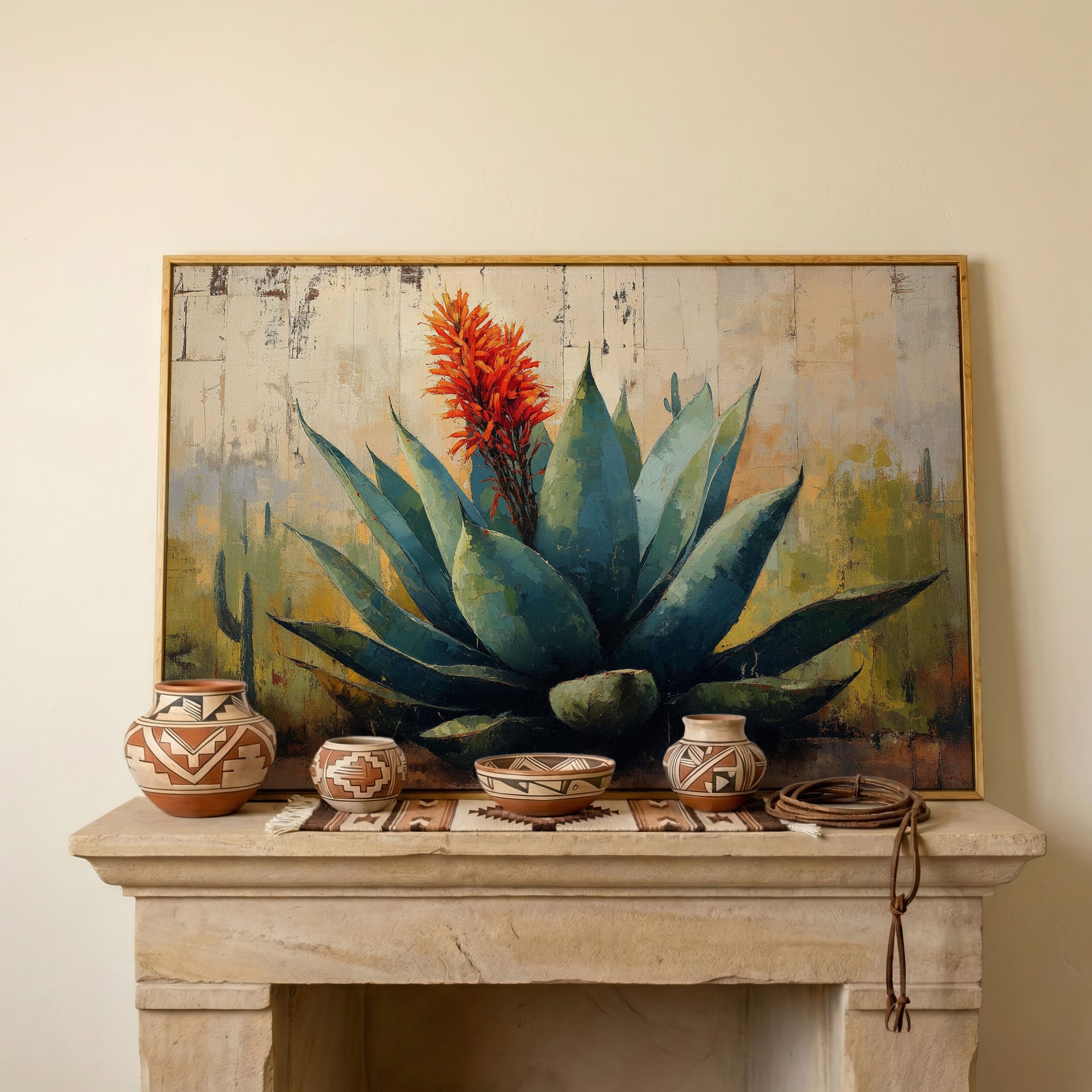 Agave Desert Canvas Art, Orange Flower Spike Landscape in white oak floating frame