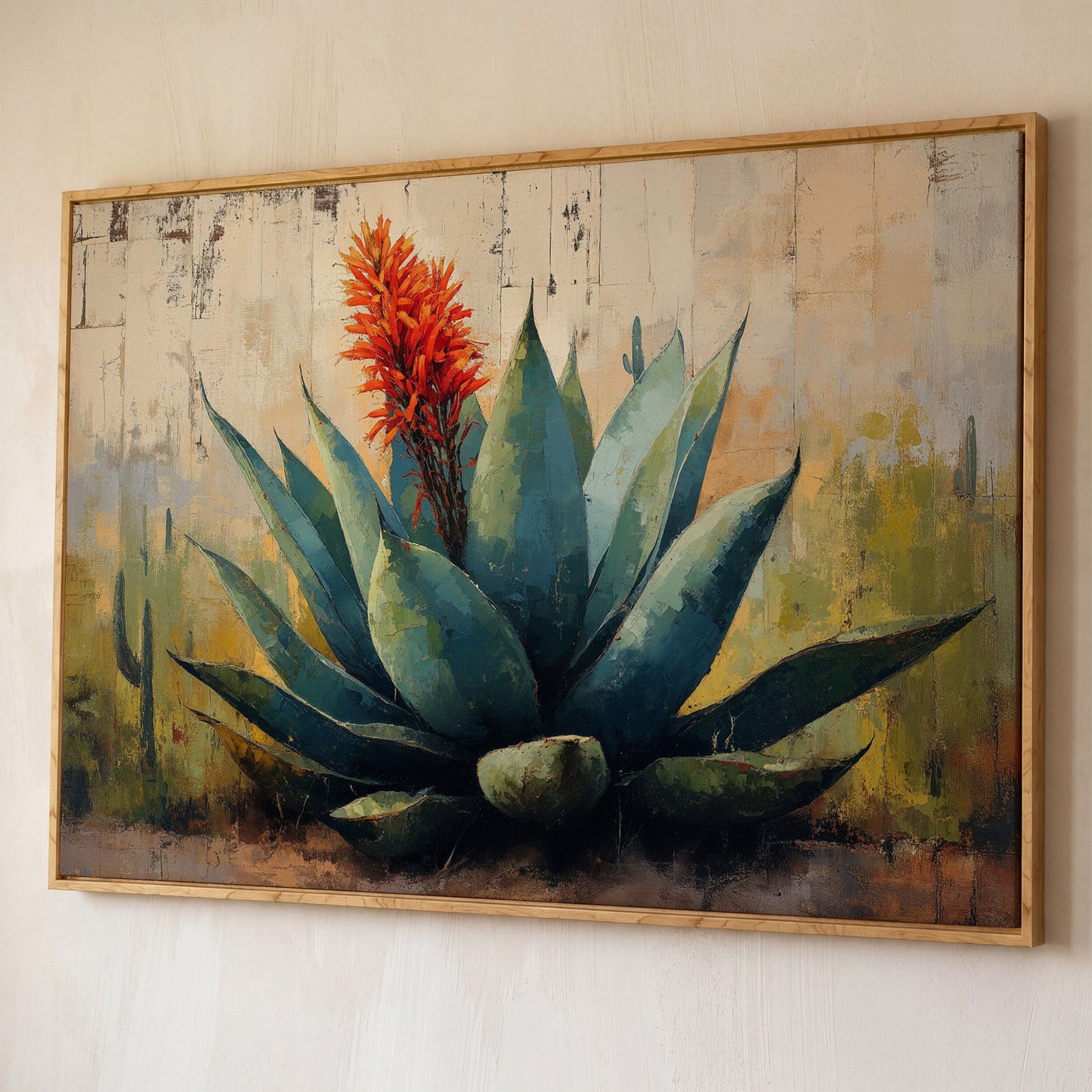 Agave Desert Canvas Art, Orange Flower Spike Landscape shown in white oak floating frame