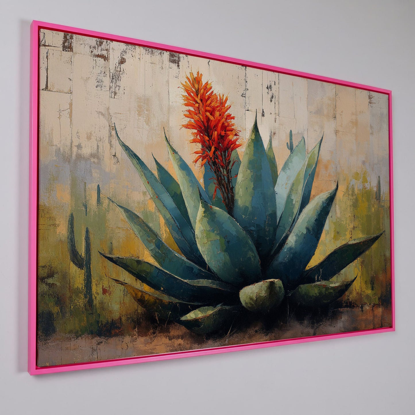 Agave Desert Canvas Art, Orange Flower Spike Landscape in pink floating frame