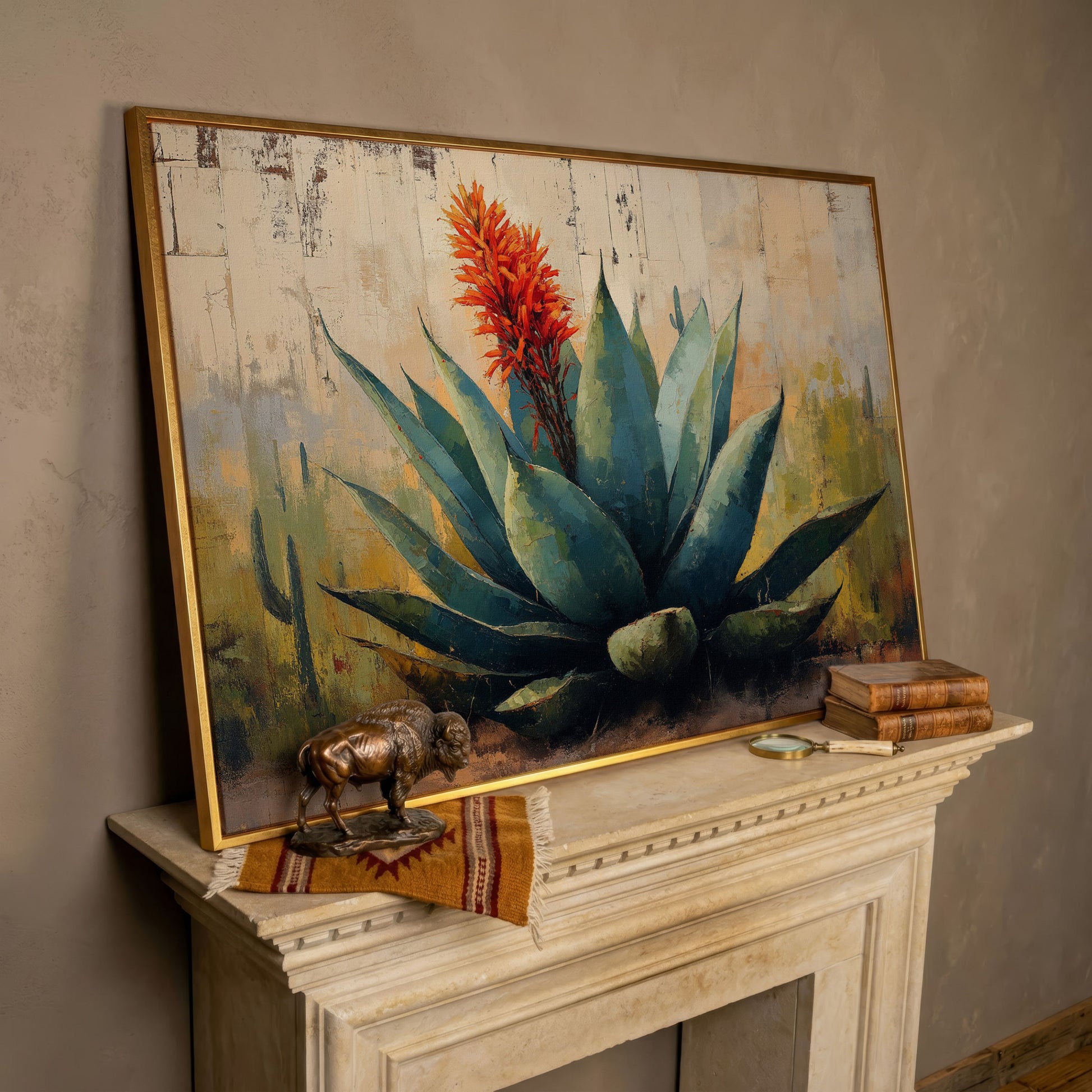 Agave Desert Canvas Art, Orange Flower Spike Landscape in rose gold floating frame