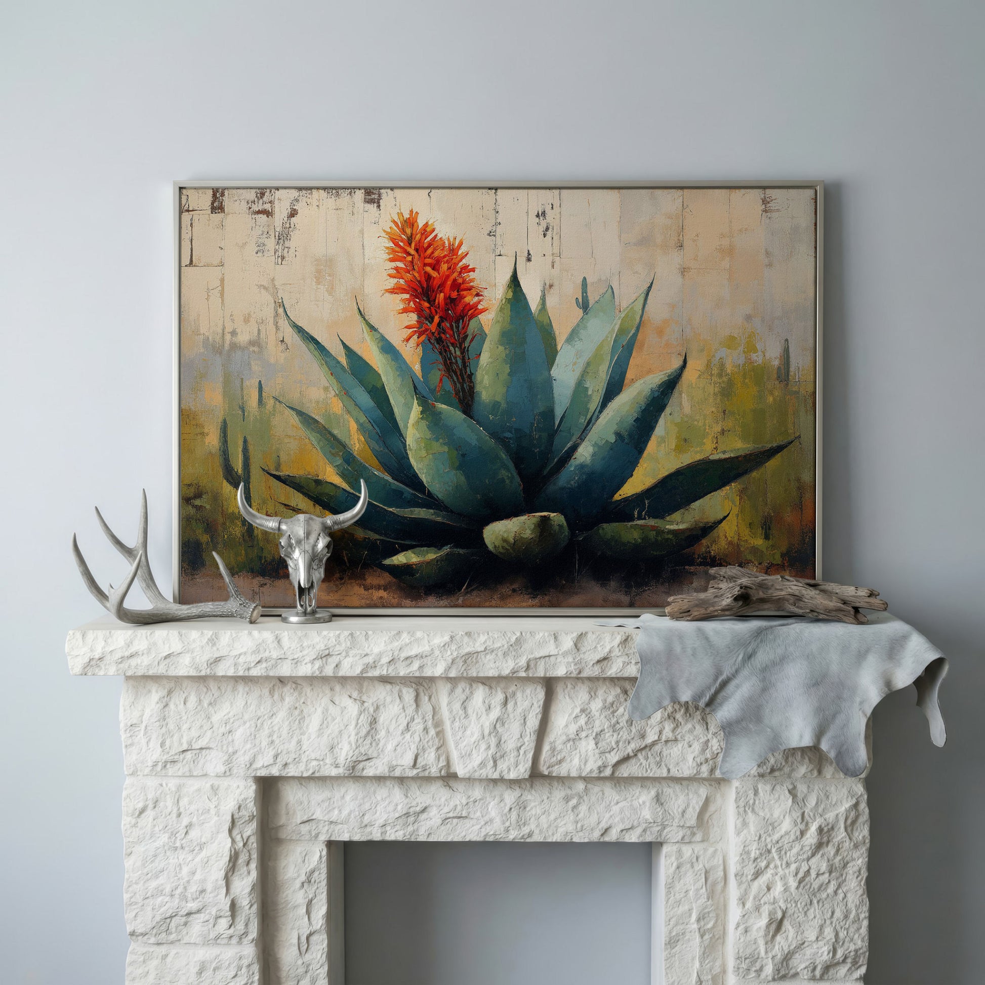 Agave Desert Canvas Art, Orange Flower Spike Landscape in silver floating frame