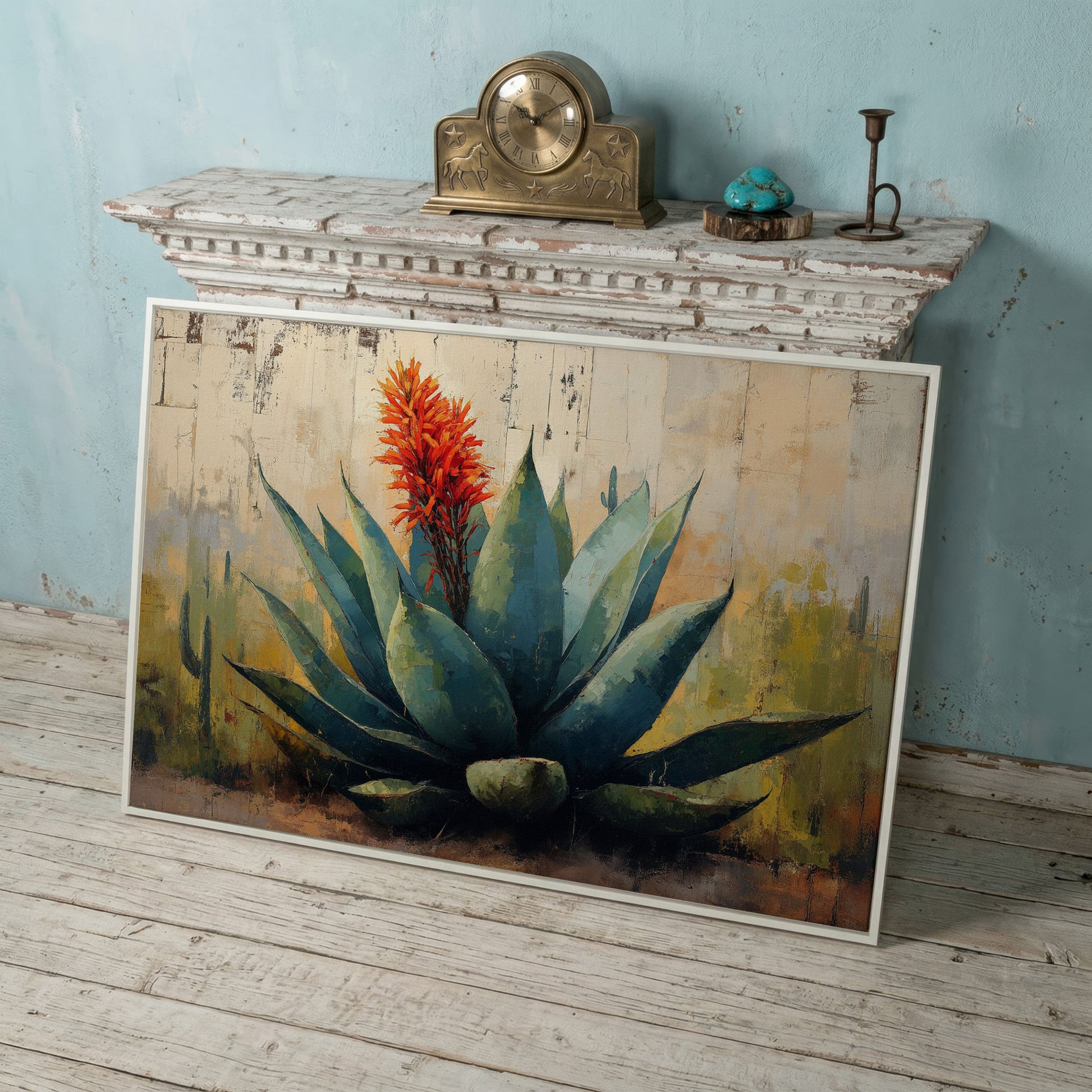 Agave Desert Canvas Art, Orange Flower Spike Landscape in white floating frame