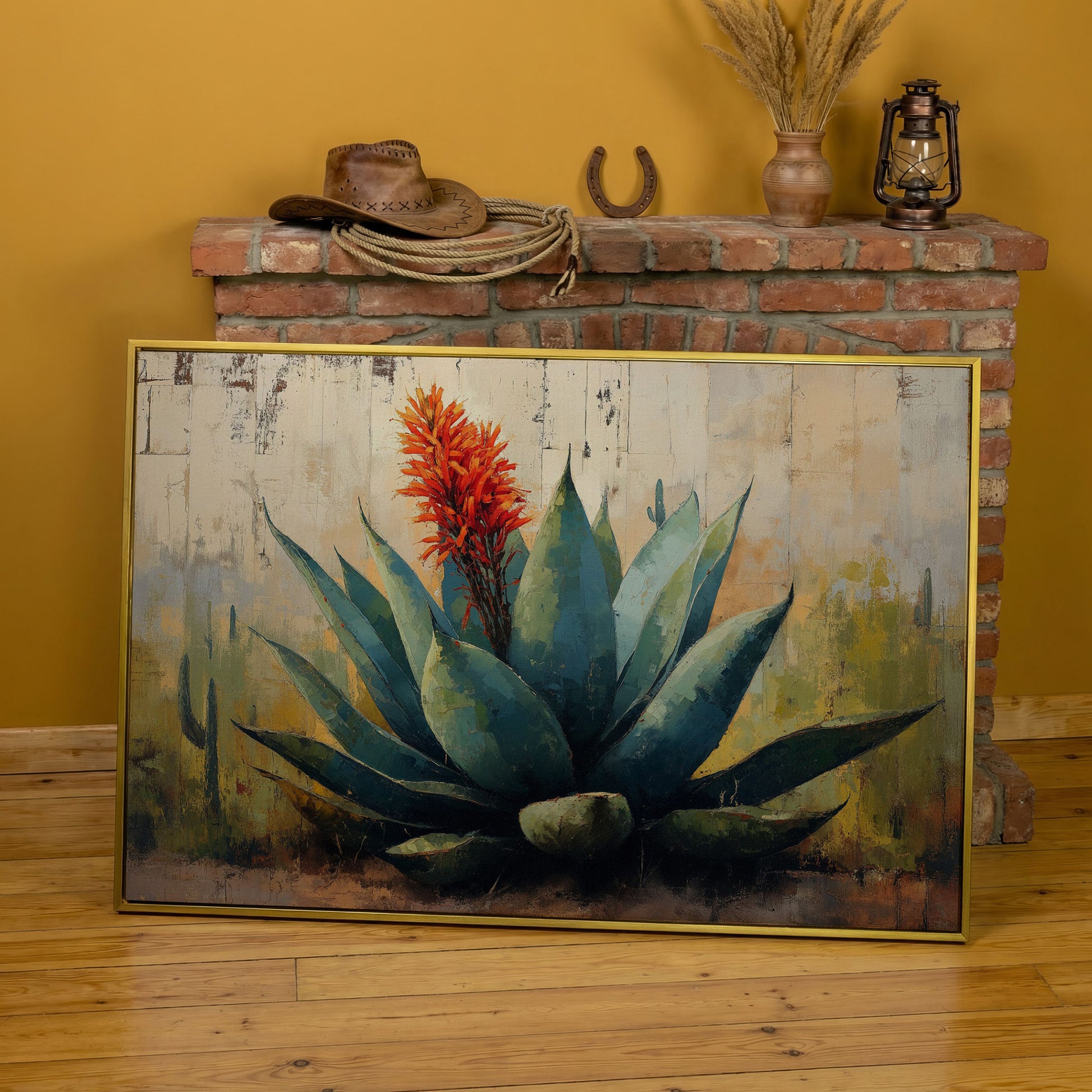 Agave Desert Canvas Art, Orange Flower Spike Landscape in yellow gold floating frame