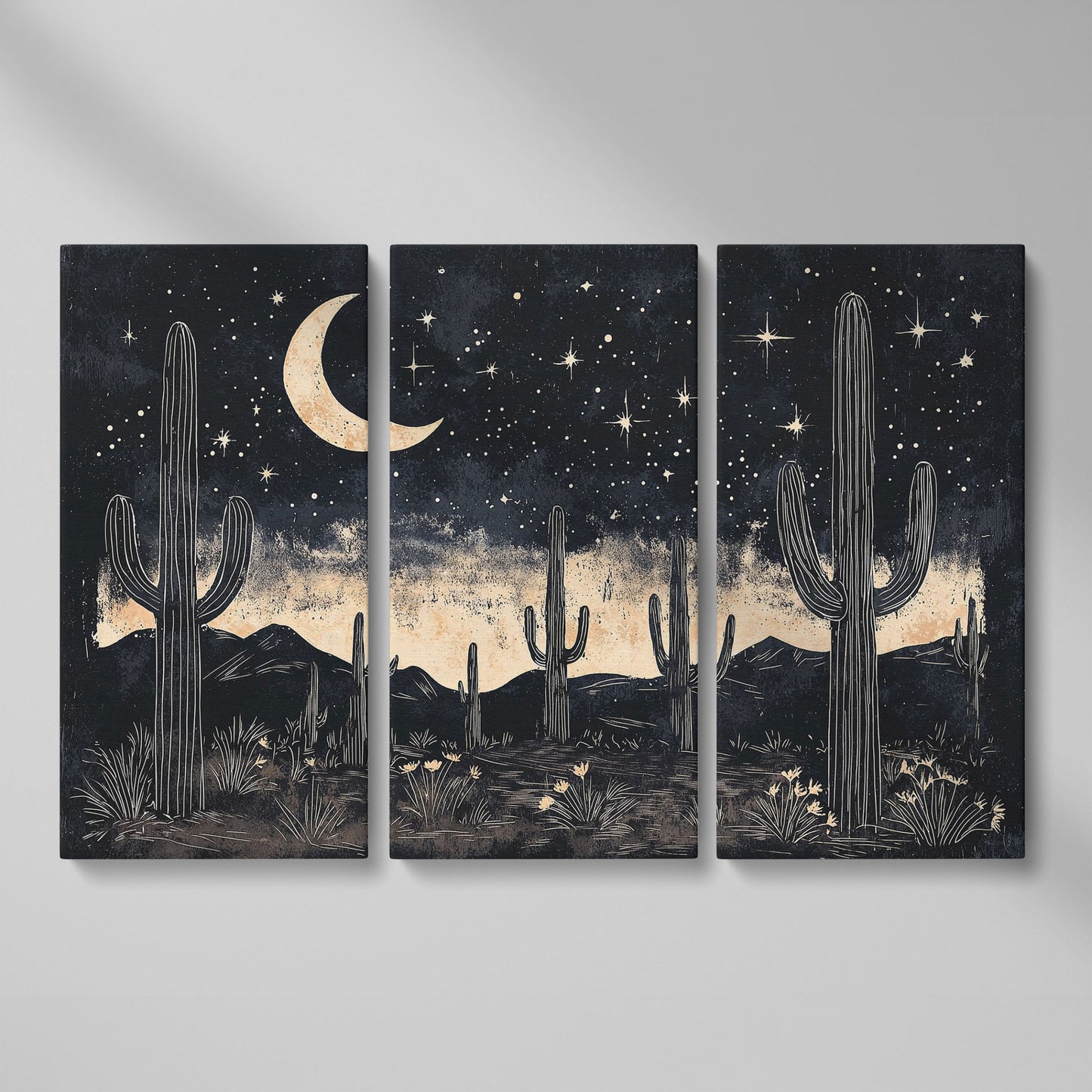 Saguaro Night Sky Desert Canvas Art, Crescent Moon and Stars as 3-panel split version