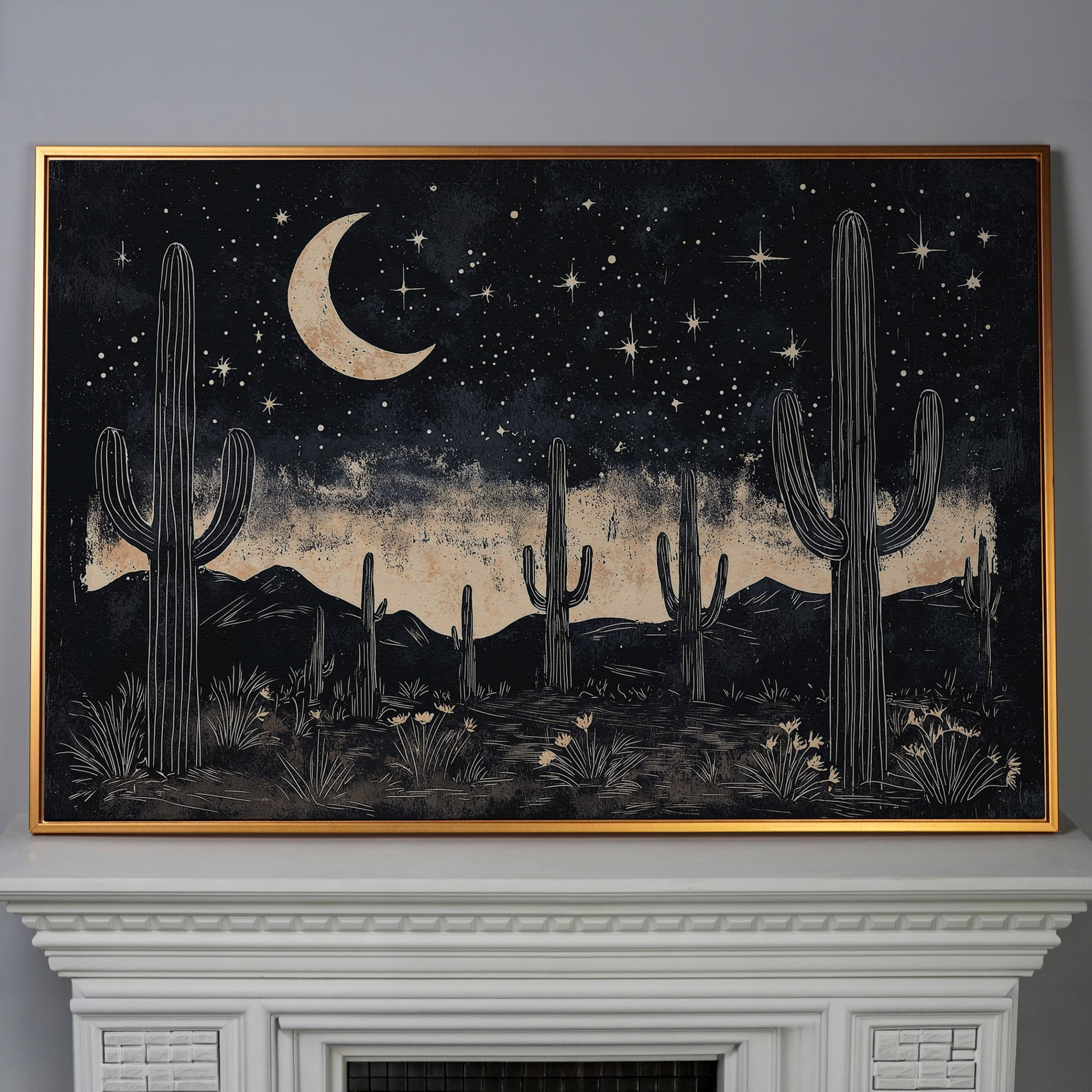 Saguaro Night Sky Desert Canvas Art, Crescent Moon and Stars in antique gold floating frame