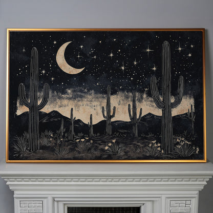 Saguaro Night Sky Desert Canvas Art, Crescent Moon and Stars in antique gold floating frame