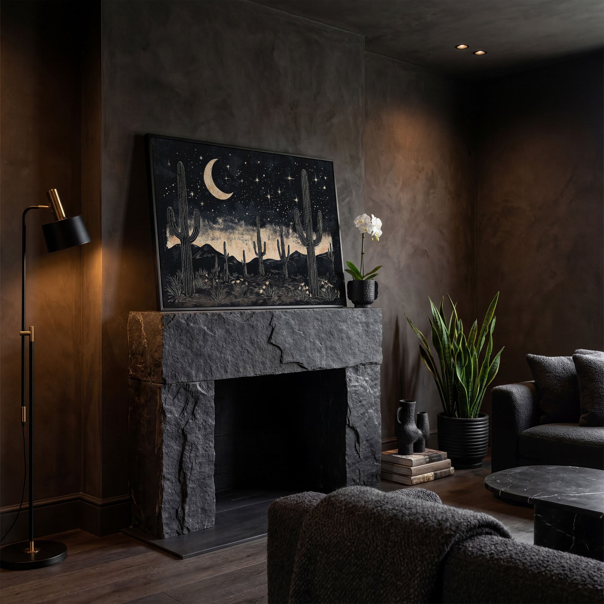 Saguaro Night Sky Desert Canvas Art, Crescent Moon and Stars in black floating frame