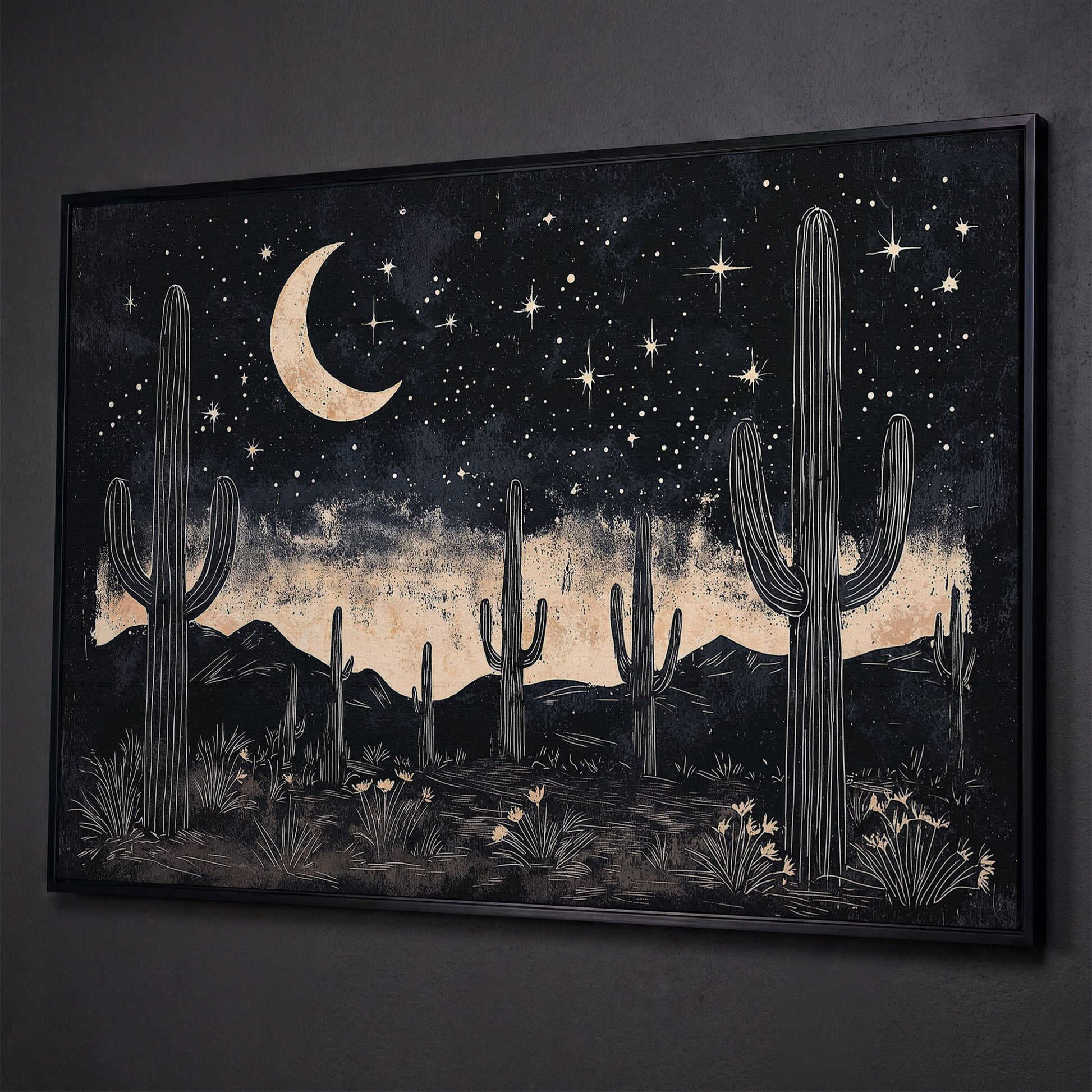 Saguaro Night Sky Desert Canvas Art, Crescent Moon and Stars shown in black floating frame
