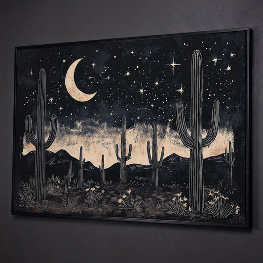 Saguaro Night Sky Desert Canvas Art, Crescent Moon and Stars shown in black floating frame
