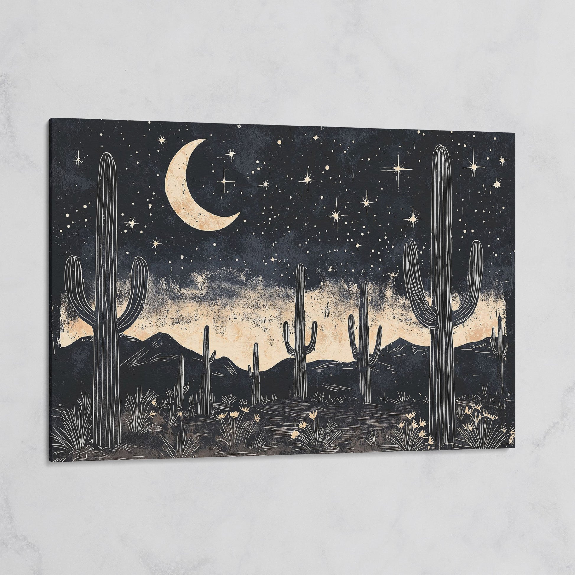 Saguaro Night Sky Desert Canvas Art, Crescent Moon and Stars on gallery wrap