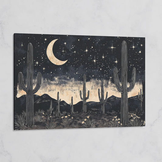 Saguaro Night Sky Desert Canvas Art, Crescent Moon and Stars on gallery wrap