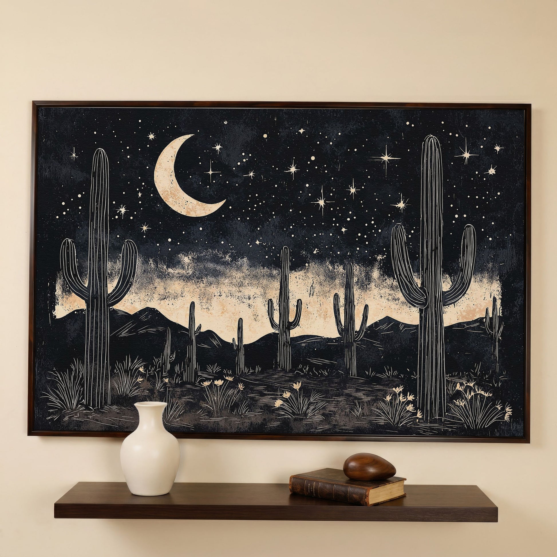 Saguaro Night Sky Desert Canvas Art, Crescent Moon and Stars in dark walnut floating frame