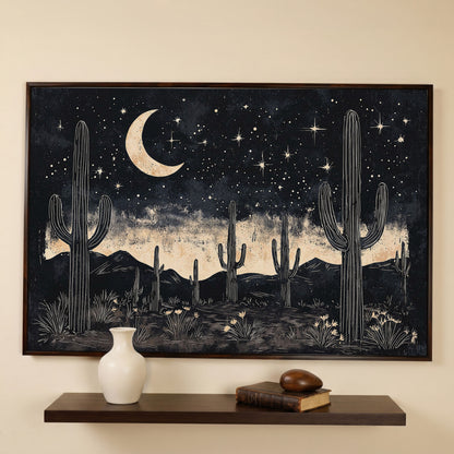 Saguaro Night Sky Desert Canvas Art, Crescent Moon and Stars in dark walnut floating frame