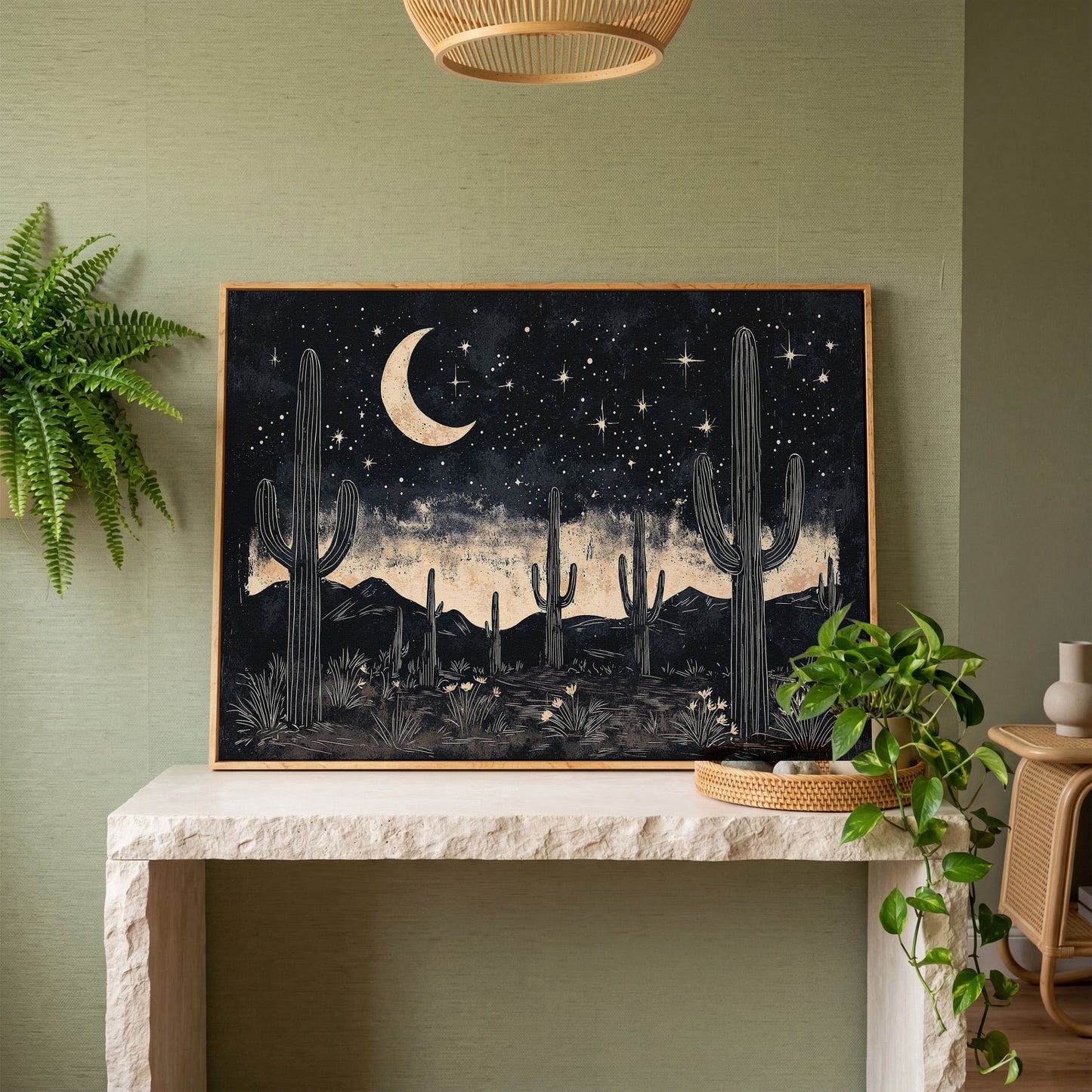 Saguaro Night Sky Desert Canvas Art, Crescent Moon and Stars in white oak floating frame