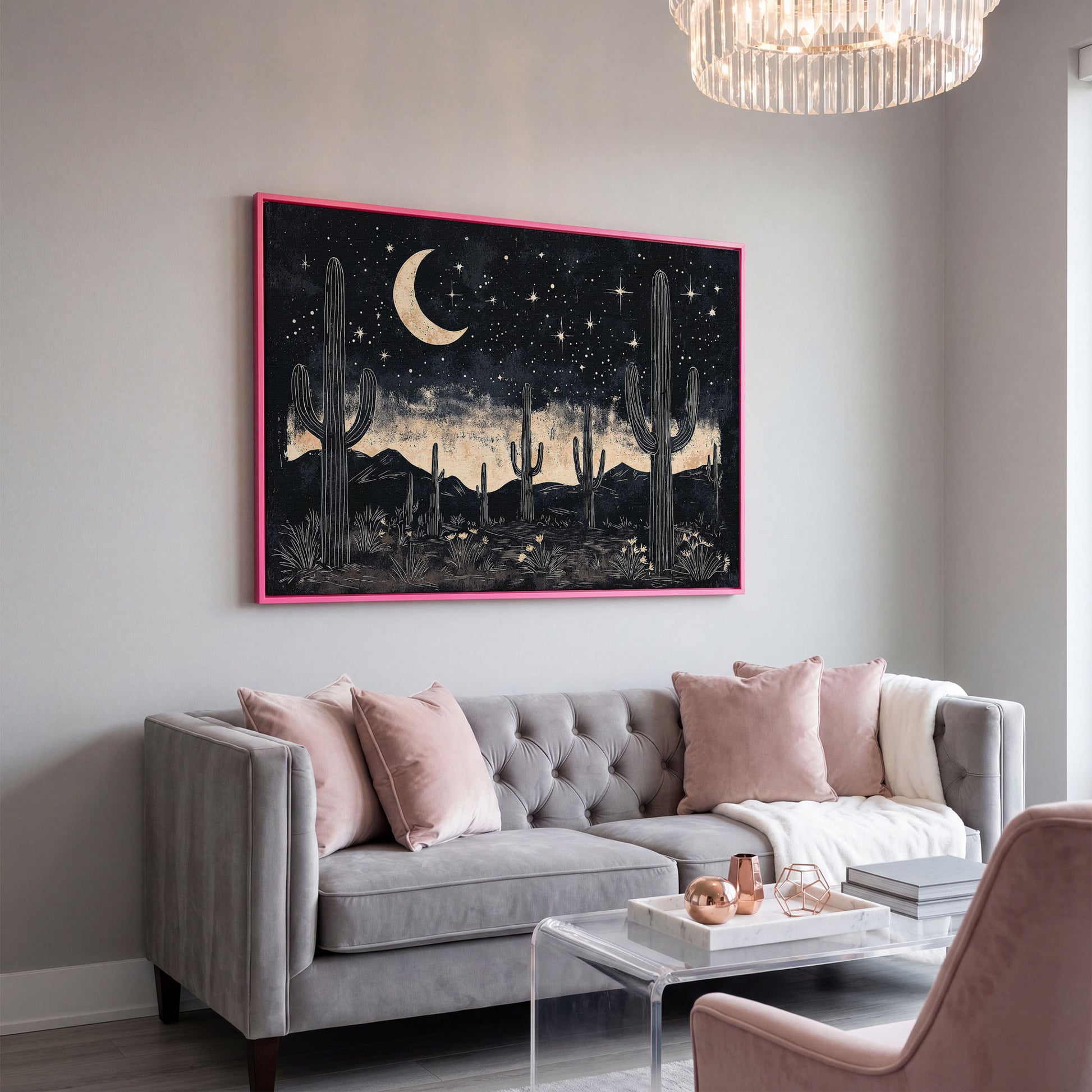 Saguaro Night Sky Desert Canvas Art, Crescent Moon and Stars in pink floating frame