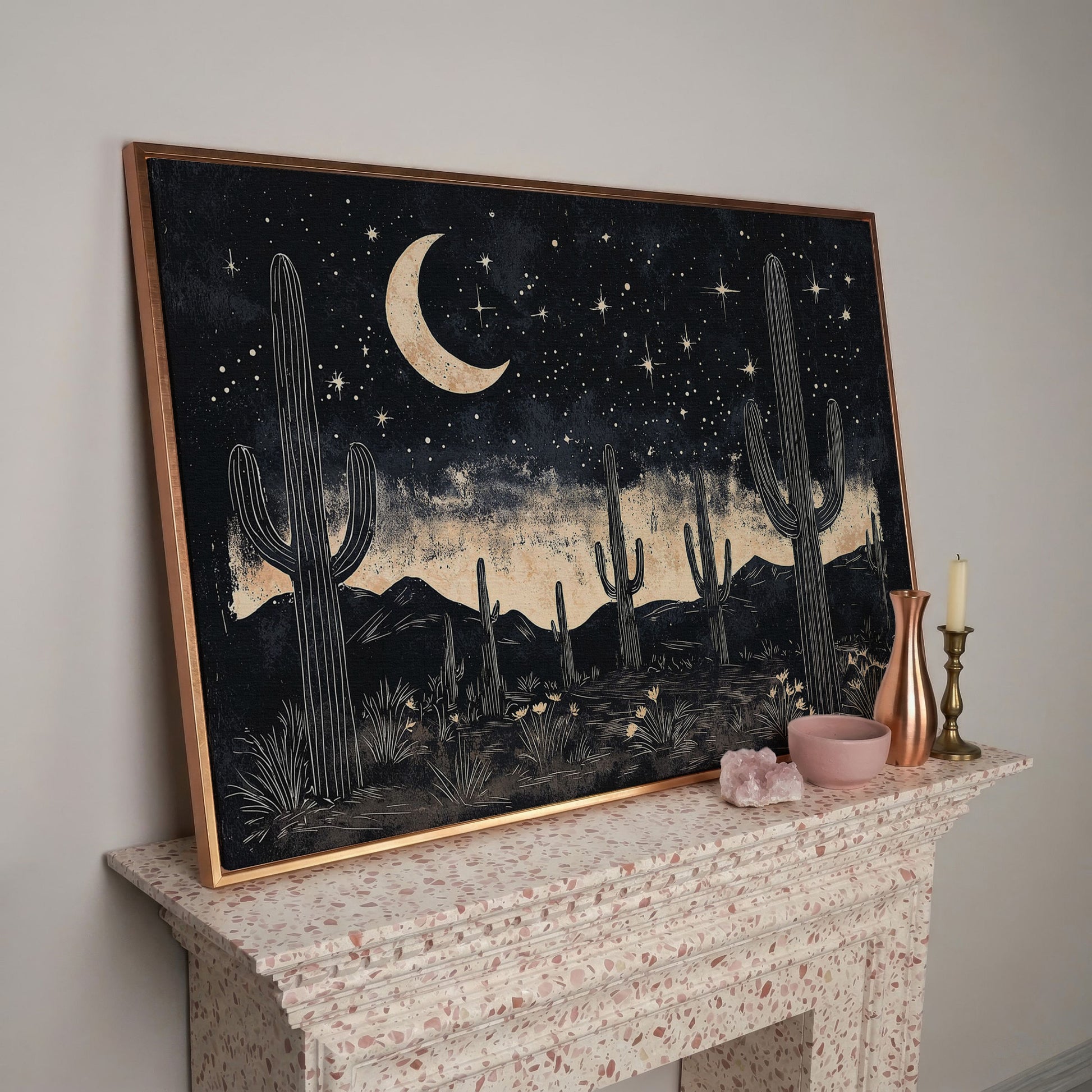 Saguaro Night Sky Desert Canvas Art, Crescent Moon and Stars in rose gold floating frame
