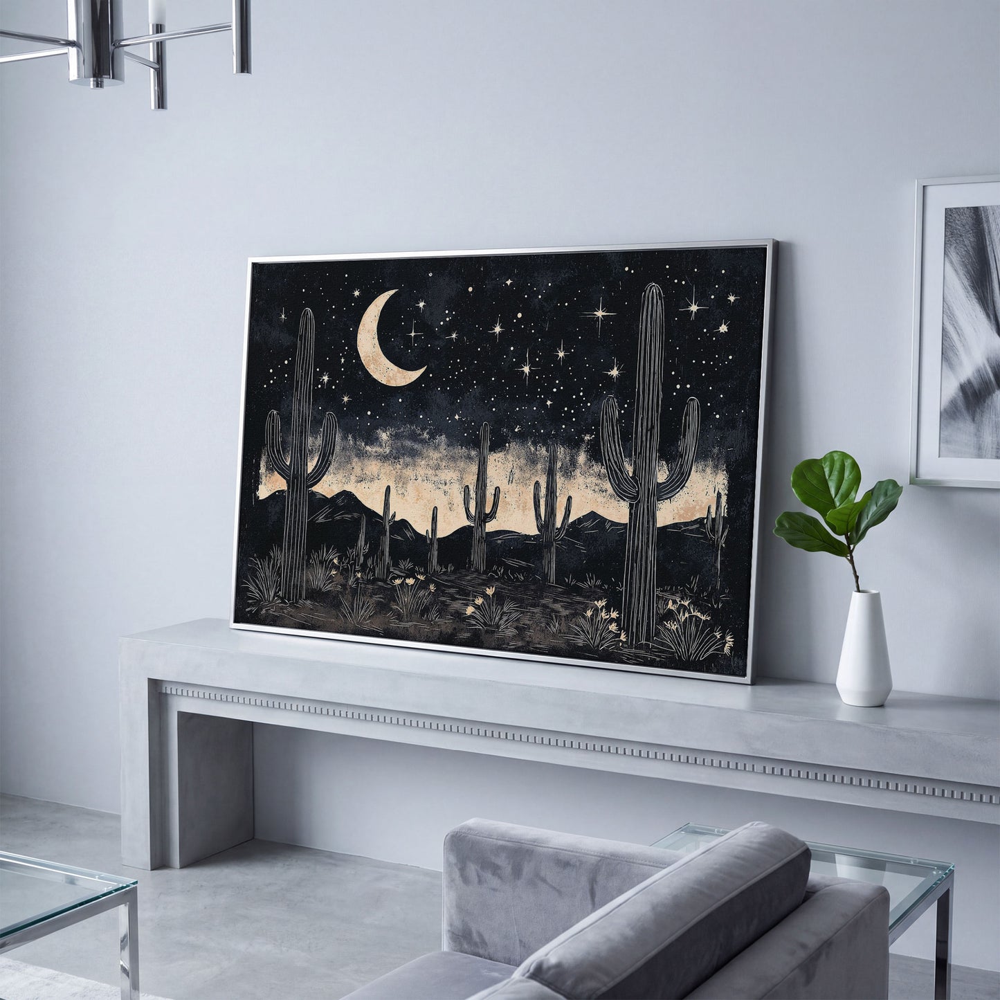 Saguaro Night Sky Desert Canvas Art, Crescent Moon and Stars in silver floating frame