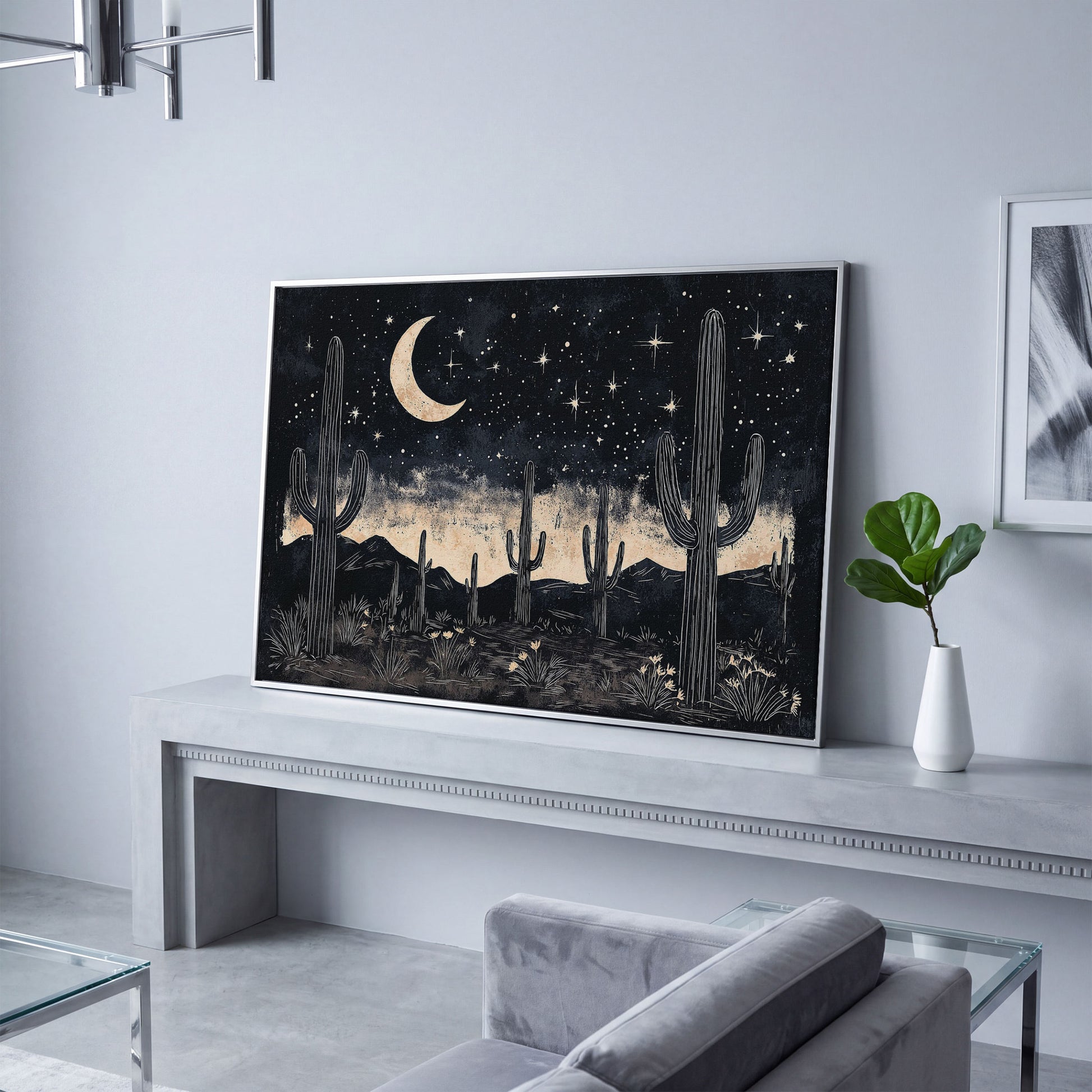 Saguaro Night Sky Desert Canvas Art, Crescent Moon and Stars in silver floating frame