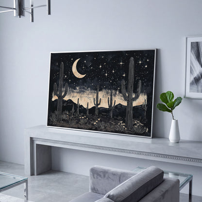 Saguaro Night Sky Desert Canvas Art, Crescent Moon and Stars in silver floating frame