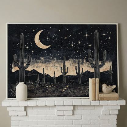 Saguaro Night Sky Desert Canvas Art, Crescent Moon and Stars in white floating frame