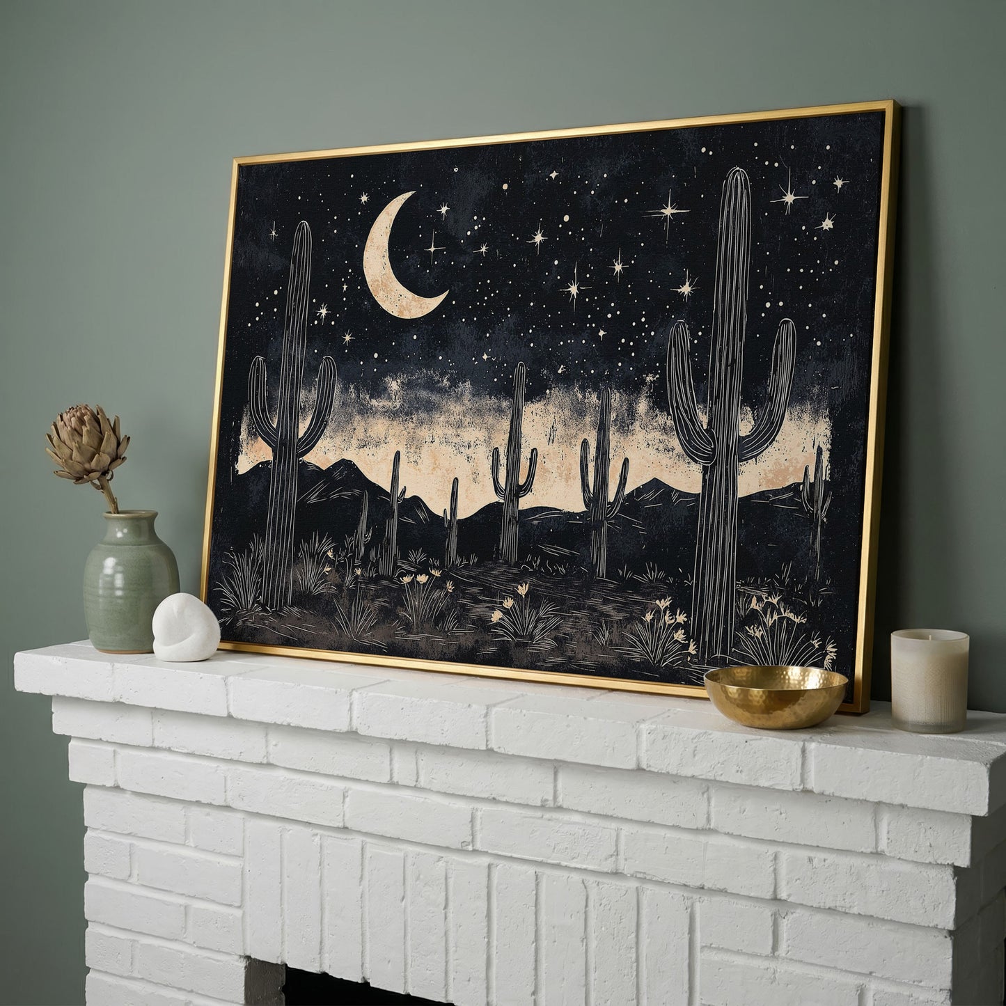 Saguaro Night Sky Desert Canvas Art, Crescent Moon and Stars in yellow gold floating frame