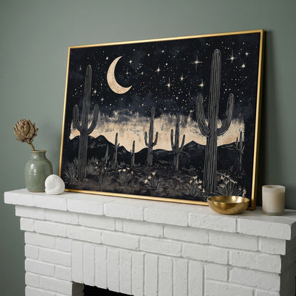 Saguaro Night Sky Desert Canvas Art, Crescent Moon and Stars in yellow gold floating frame