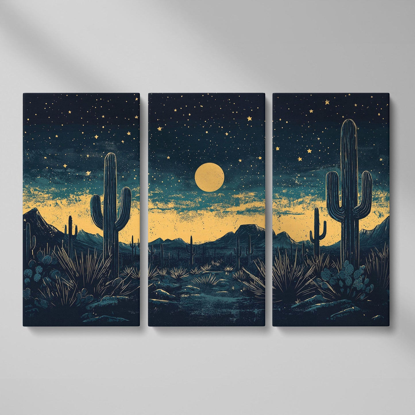 Sonoran Desert Night Sky Canvas Art with Cacti and Full Moon as 3-panel split version
