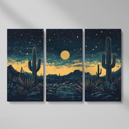 Sonoran Desert Night Sky Canvas Art with Cacti and Full Moon as 3-panel split version