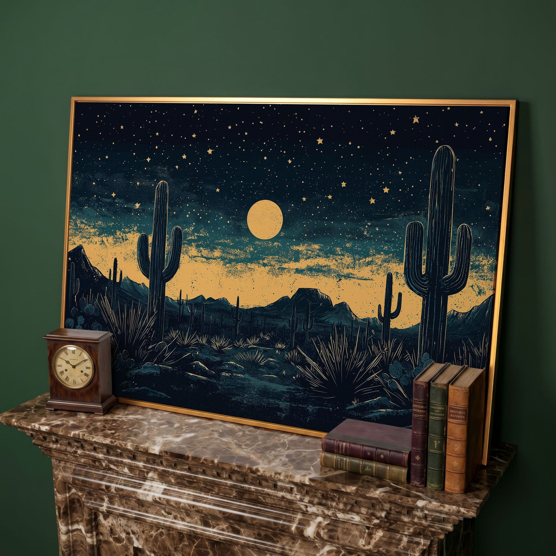 Sonoran Desert Night Sky Canvas Art with Cacti and Full Moon in antique gold floating frame