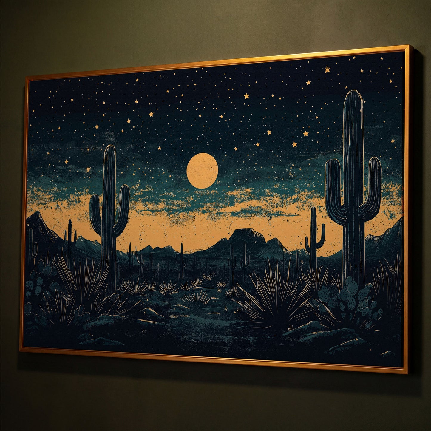 Sonoran Desert Night Sky Canvas Art with Cacti and Full Moon shown in antique gold floating frame