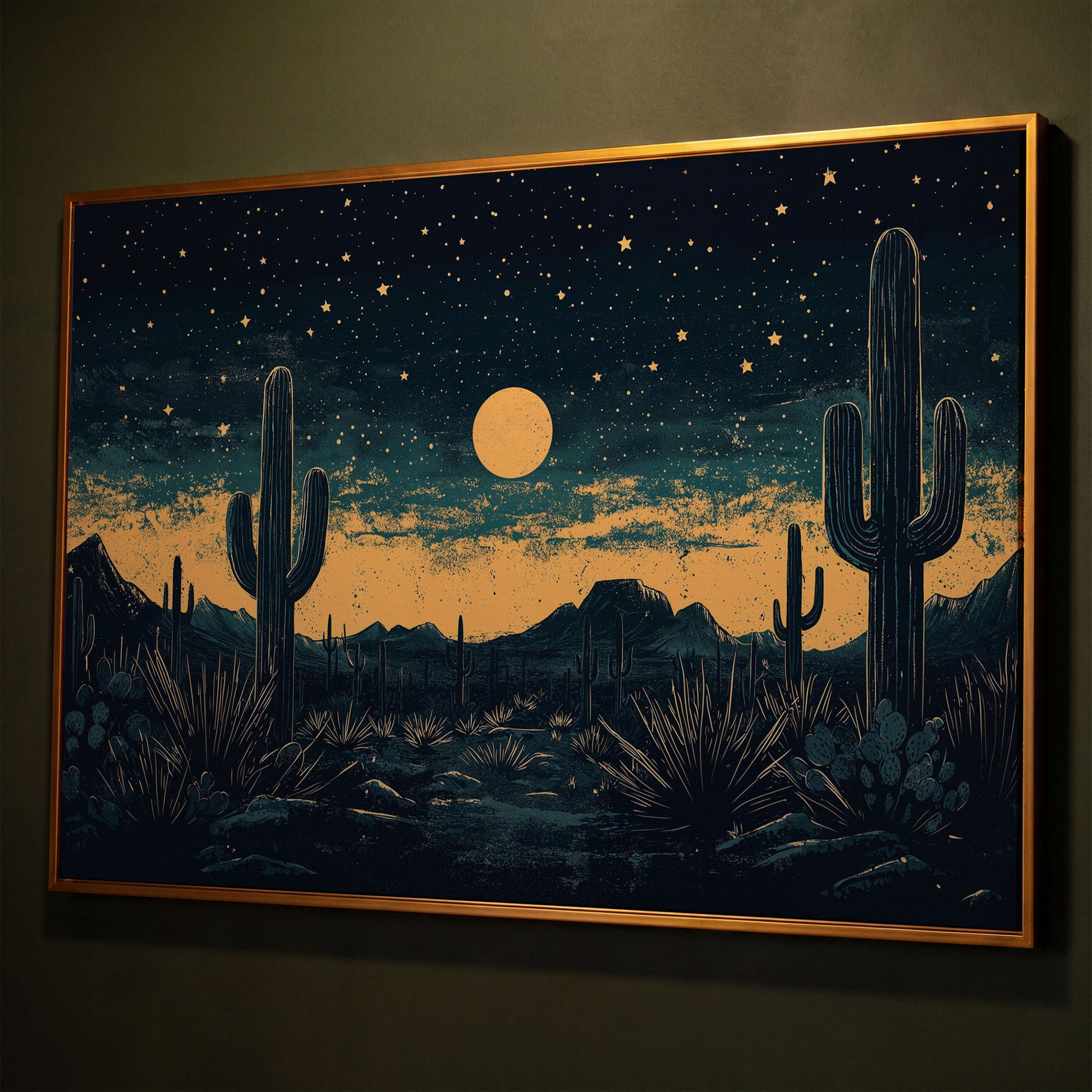 Sonoran Desert Night Sky Canvas Art with Cacti and Full Moon shown in antique gold floating frame
