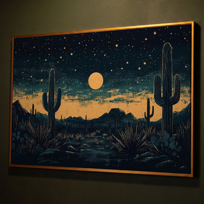 Sonoran Desert Night Sky Canvas Art with Cacti and Full Moon shown in antique gold floating frame