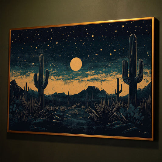 Sonoran Desert Night Sky Canvas Art with Cacti and Full Moon shown in antique gold floating frame