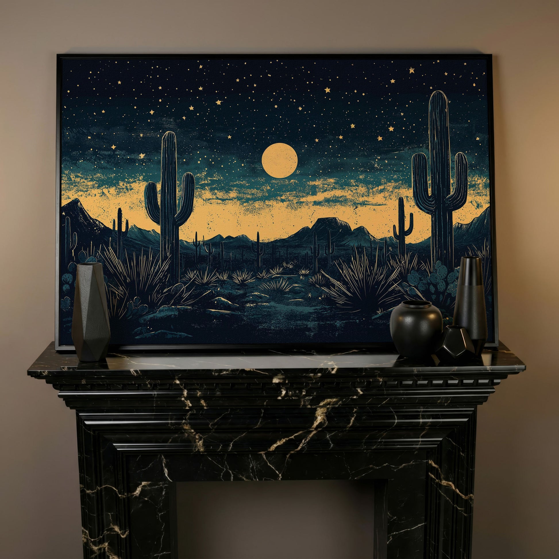 Sonoran Desert Night Sky Canvas Art with Cacti and Full Moon in black floating frame