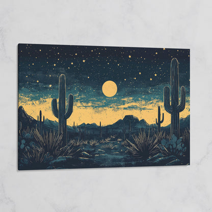 Sonoran Desert Night Sky Canvas Art with Cacti and Full Moon on gallery wrap