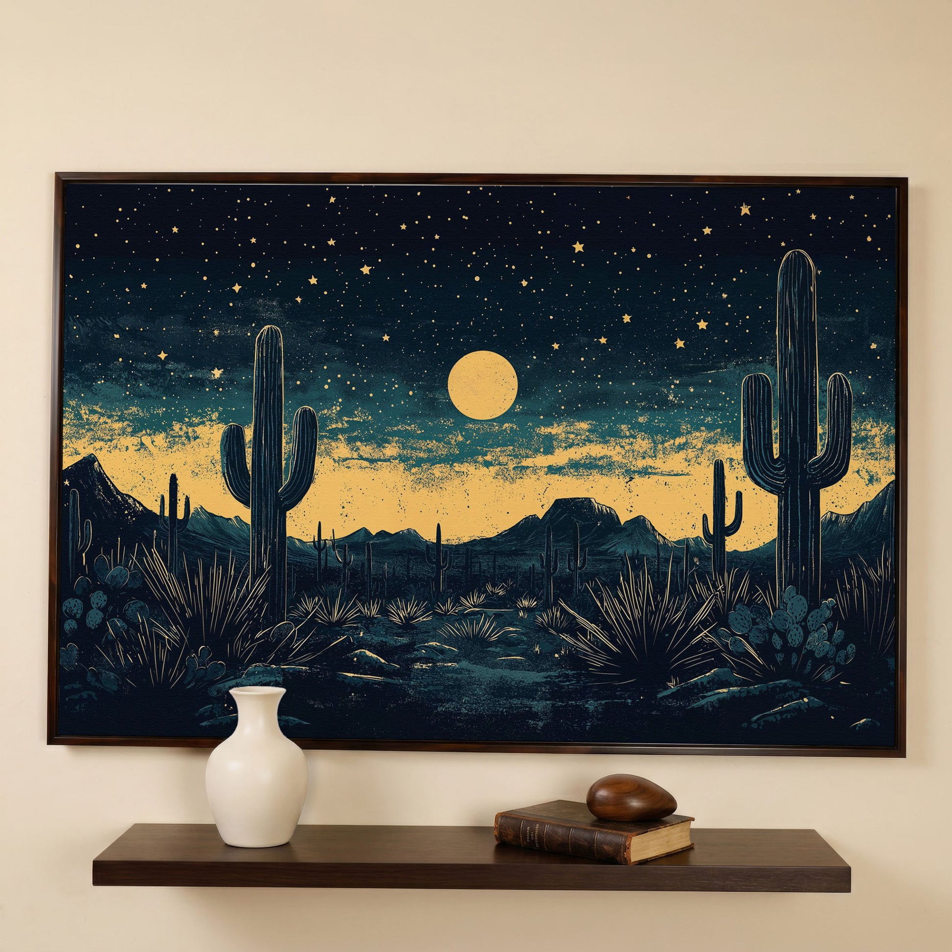 Sonoran Desert Night Sky Canvas Art with Cacti and Full Moon in dark walnut floating frame