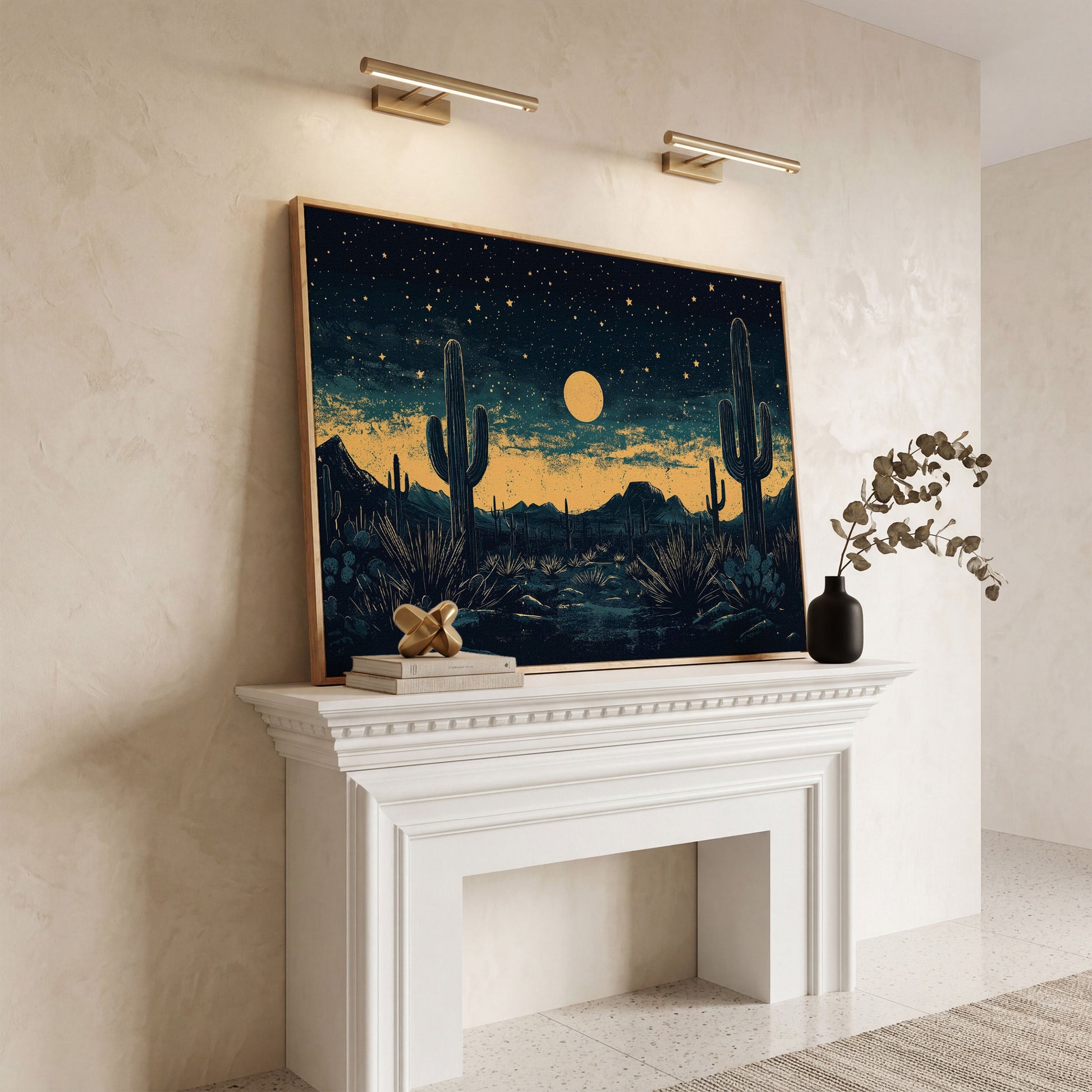 Sonoran Desert Night Sky Canvas Art with Cacti and Full Moon in white oak floating frame