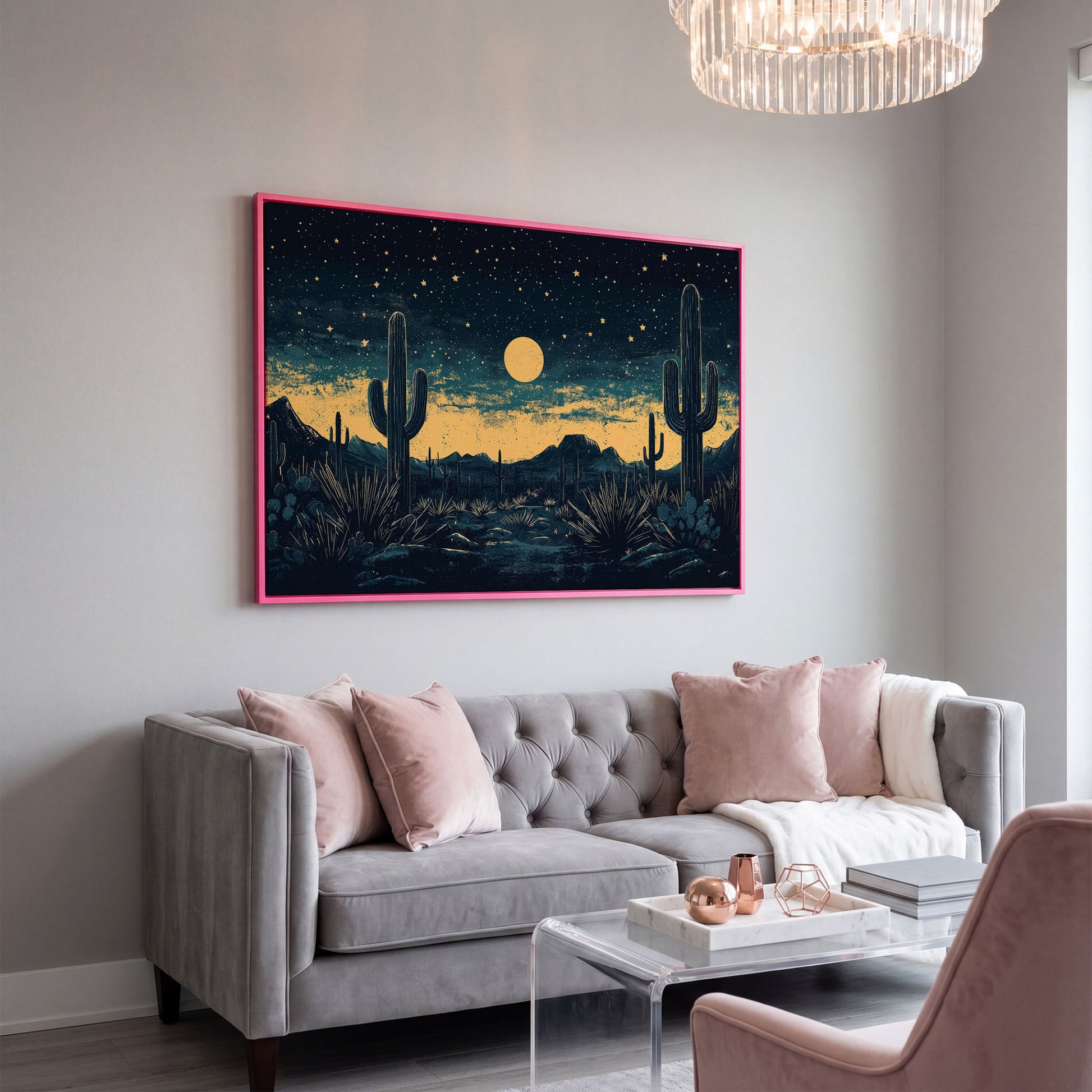 Sonoran Desert Night Sky Canvas Art with Cacti and Full Moon in pink floating frame