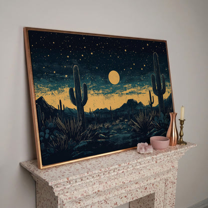 Sonoran Desert Night Sky Canvas Art with Cacti and Full Moon in rose gold floating frame